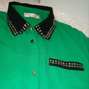 Green black top with tie detail and gold stud accents size women's L
